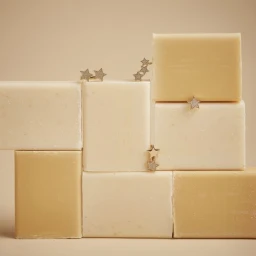 Stacked beige soap bars styled with delicate star-shaped gold earrings against a matching neutral background.
