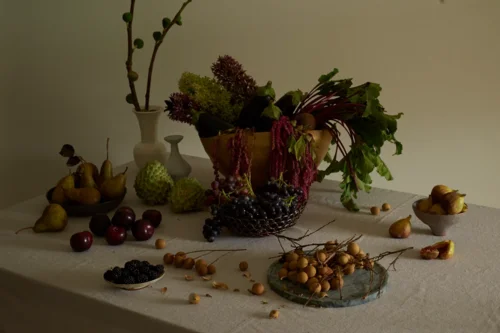 Still life food styling by Anna Vidovic featuring an arrangement of fresh fruits, vegetables, and botanical stems on a textured fabric tablecloth.