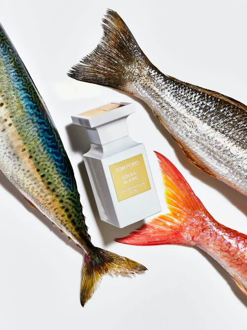 Tom Ford Soleil Blanc perfume bottle surrounded by fresh raw whole fish on a plain white background