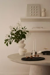 Minimalist interior still life with textured white ceramic vase, green branches, and walnuts on a round concrete table