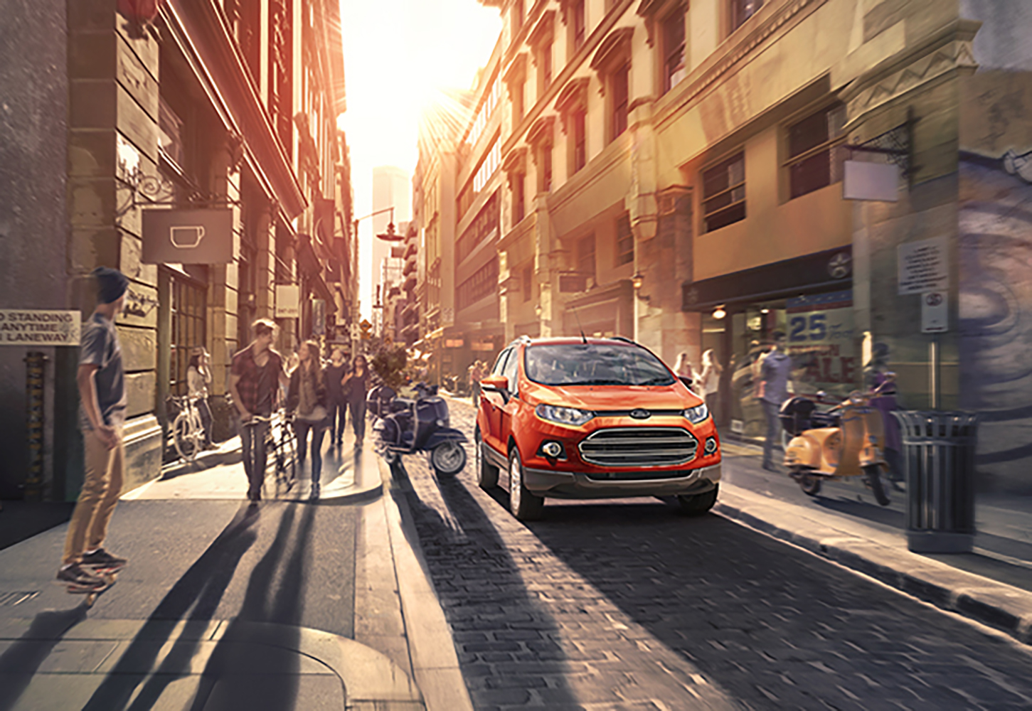 Orange Ford EcoSport SUV drives down an urban street lined with tall buildings, people, and scooters in golden sunlight.