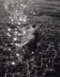 Model floating in dark shimmering water with sunlight reflecting off ripples