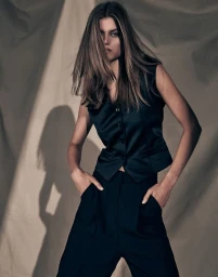 Woman in a black vest and trousers with long hair covering one eye posing against a textured canvas background.