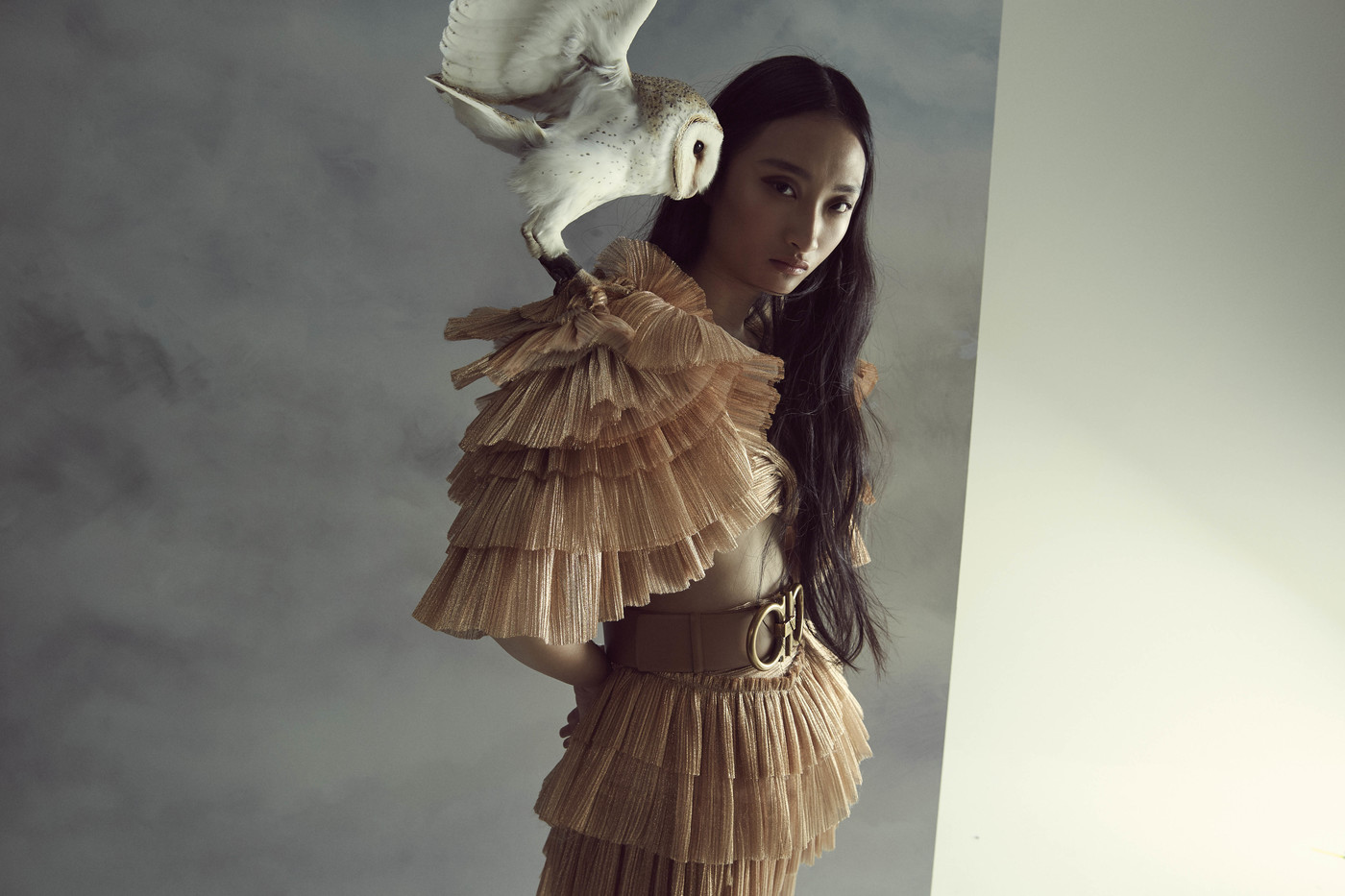 Artistic fashion portrait of Asian woman in tiered tan dress with white owl perched on shoulder against a muted grey background.