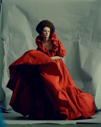 Model in a voluminous red gown with an elaborate structured updo against a creased paper backdrop