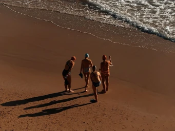 Four swimmers in swimsuits and caps standing on a sandy beach near ocean surf, captured in an elevated shot with long shadows.