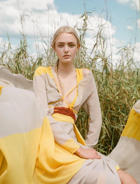 Portrait of a blonde woman in a flowing yellow and cream gown, sitting in tall grass under a blue sky with light clouds.