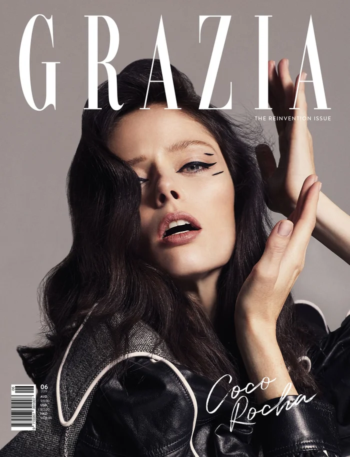Model Coco Rocha with graphic eyeliner posing for Grazia magazine cover with makeup by Elsa Morgan