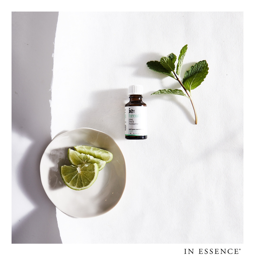 Overhead shot featuring a small bottle of essential oil, lime wedges on a plate, and a sprig of mint on a white surface.