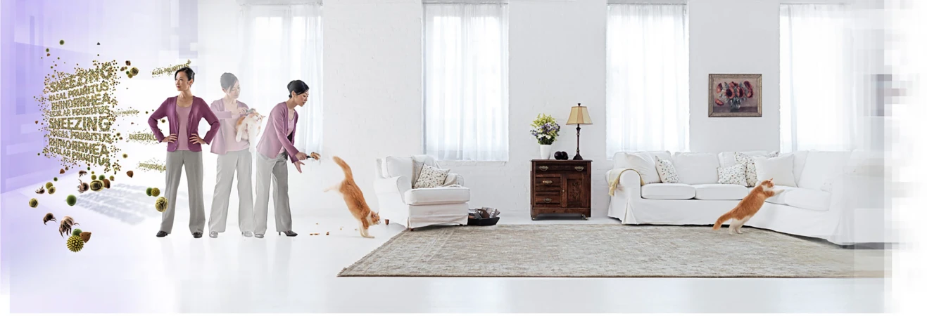 Woman reacting to airborne allergens near a cat in a clean, bright interior space, depicting potential allergy triggers and reactions.