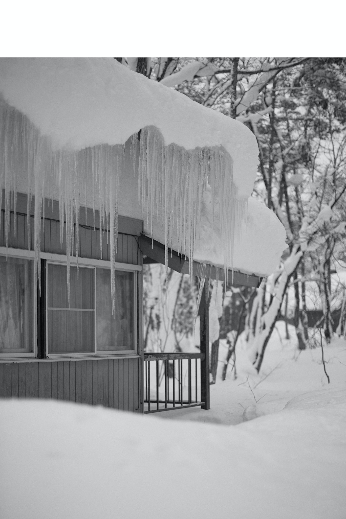 Black and white winter scene of a snow-covered house with icicles hanging from the roof and snow-laden trees in the background.