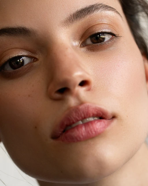Close-up shot of a young adult woman with light skin, brown eyes, and pink lips. Beauty shot with natural make-up and indoor lighting.
