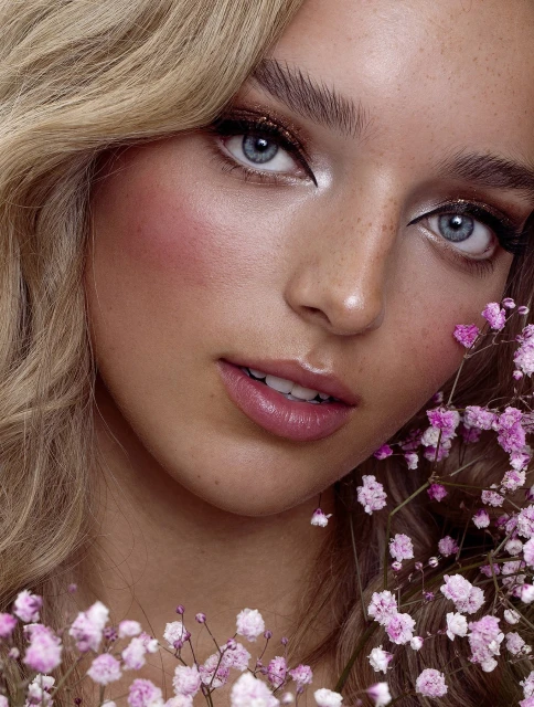 Close-up portrait of a young fair-skinned woman with blonde wavy hair, pink blush, and pink flowers around her face. Beauty shot.