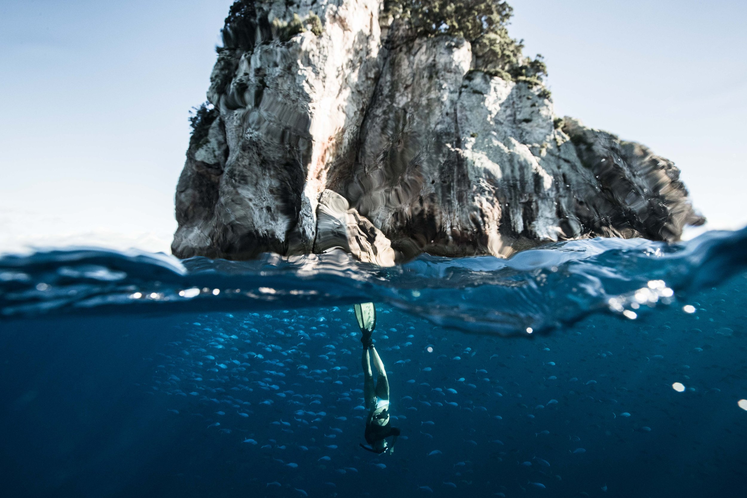 Underwater scene of a free diver surrounded by a school of fish, with a rock formation visible above the water line against a clear sky.