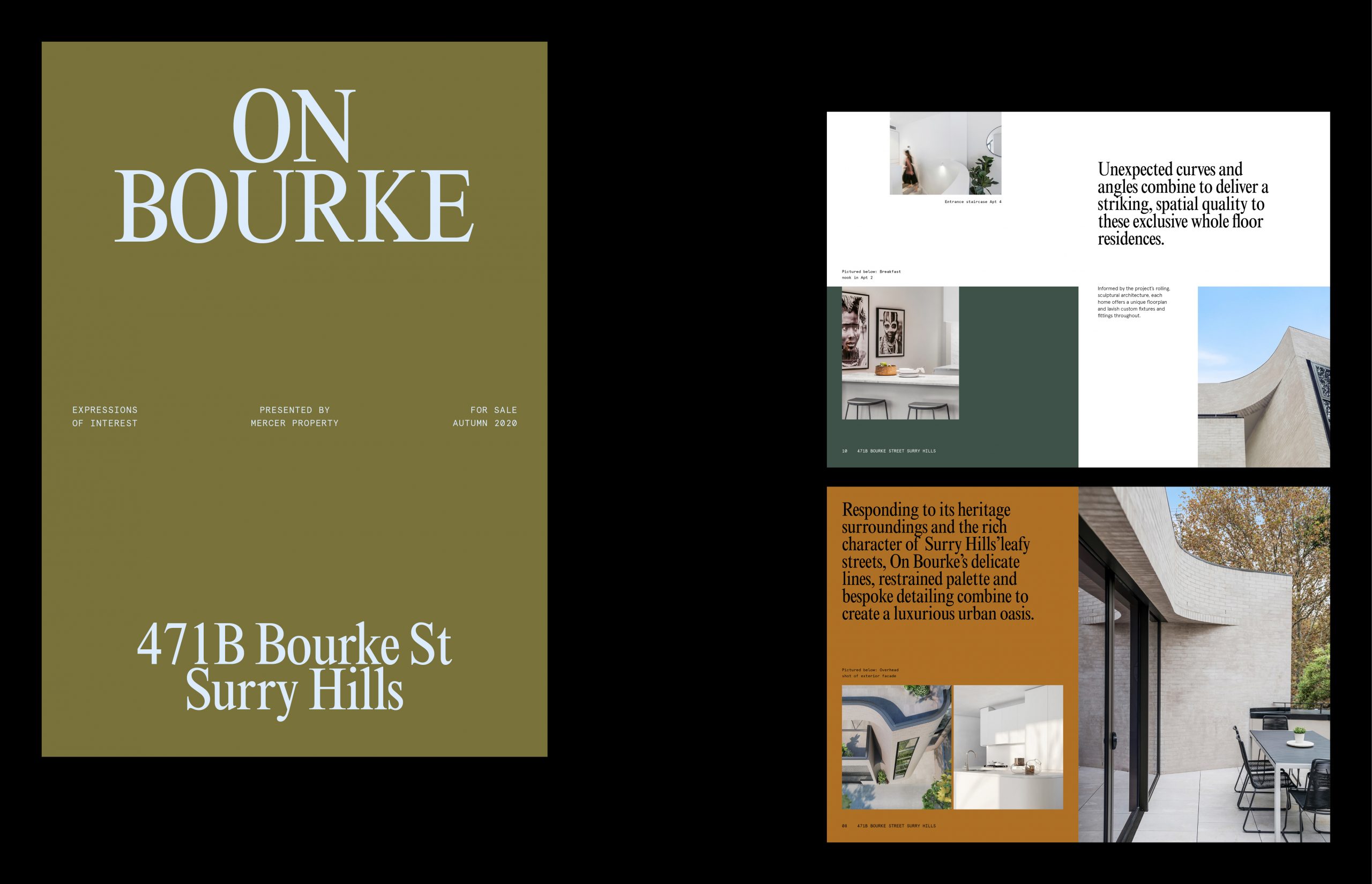 On Bourke real estate advertisement featuring interior and architectural photography, promoting property sales in Surrey Hills.