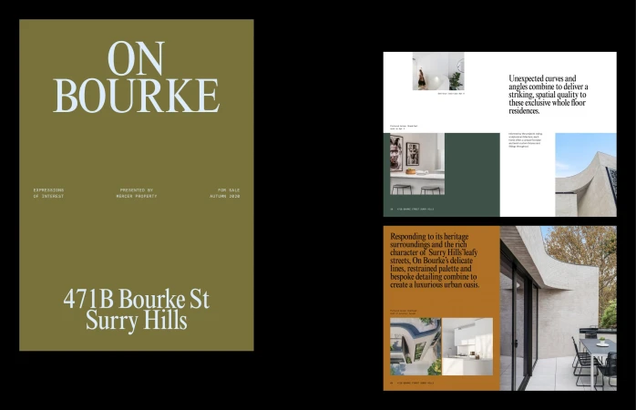 On Bourke real estate advertisement featuring interior and architectural photography, promoting property sales in Surrey Hills.