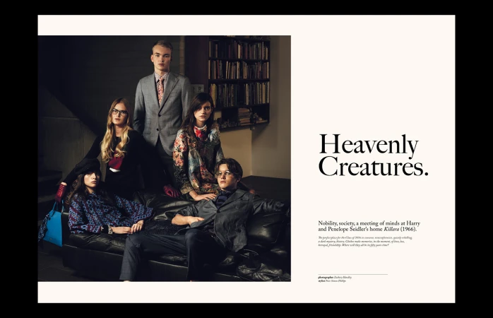 Editorial layout featuring five models posed on a black leather sofa with a bookshelf background alongside typography text.