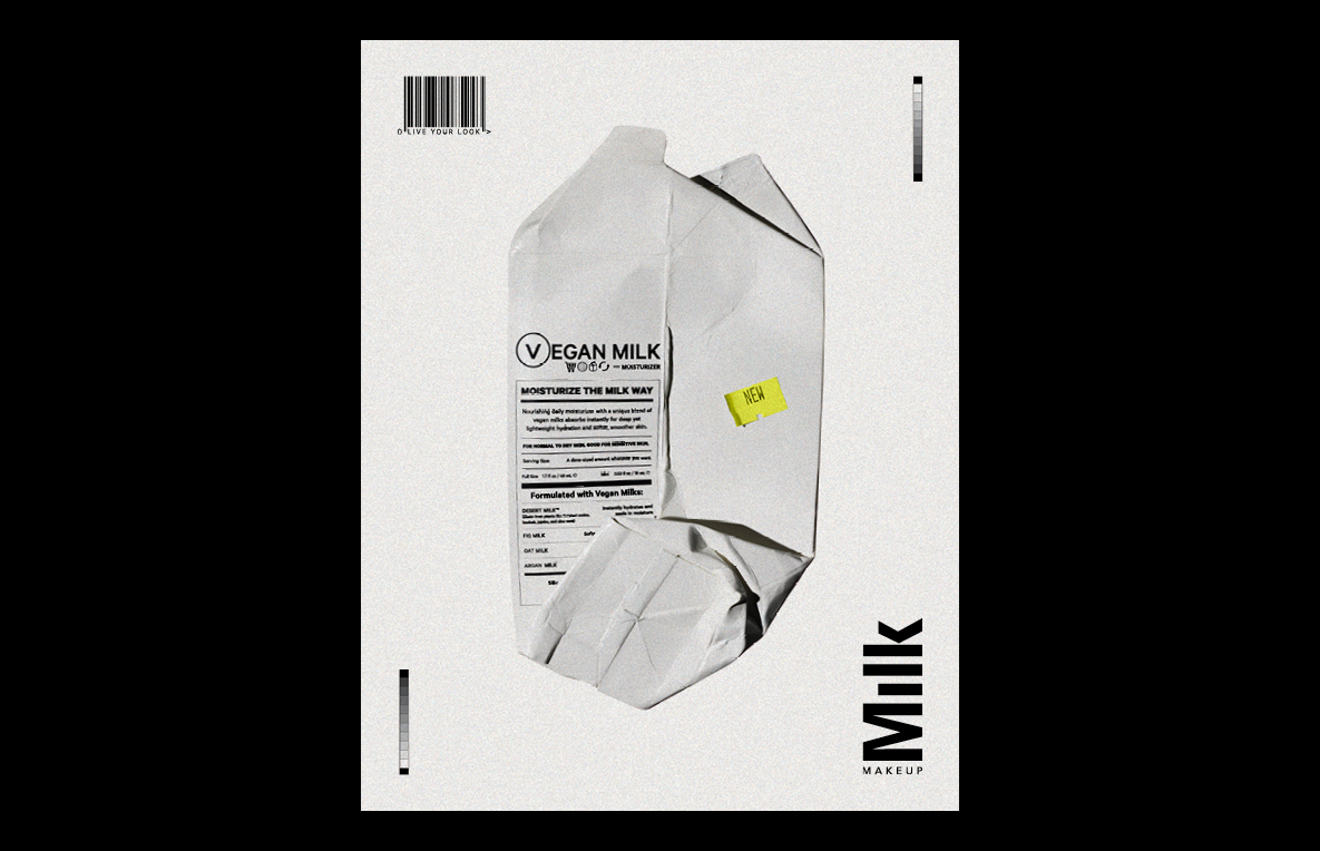 Promotional beauty poster features a crinkled vegan milk carton with makeup product details, set against a cream and black background.