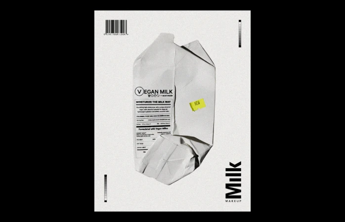 Promotional beauty poster features a crinkled vegan milk carton with makeup product details, set against a cream and black background.