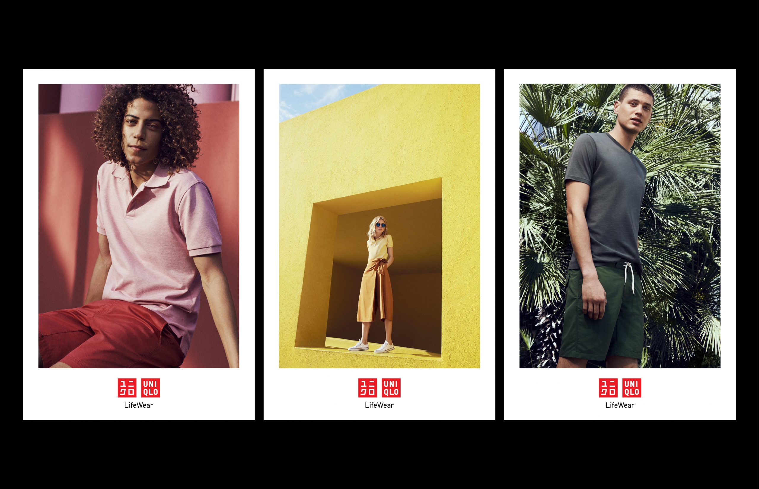 Fashion editorial featuring three diverse models wearing casual clothing, posed against vibrant colored backgrounds in a studio setting.