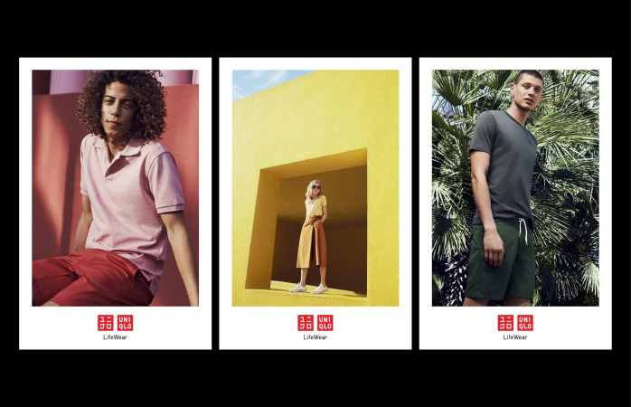Fashion editorial featuring three diverse models wearing casual clothing, posed against vibrant colored backgrounds in a studio setting.