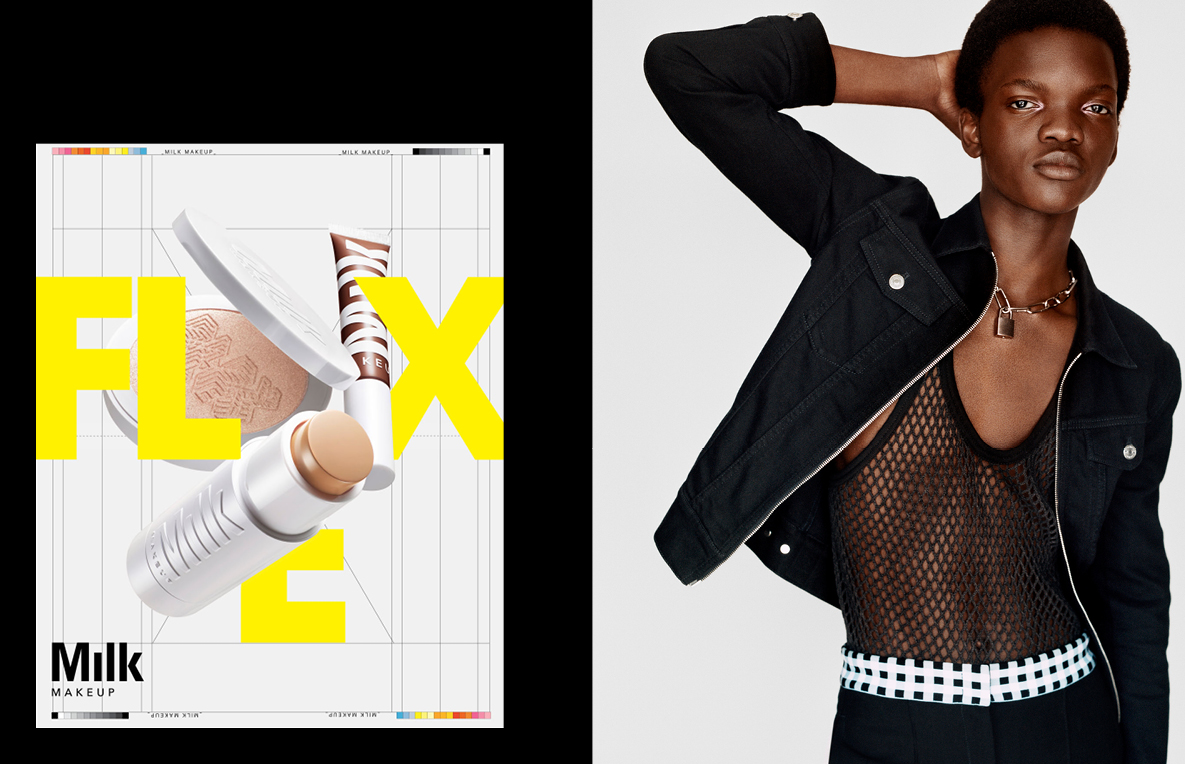 Cosmetic product advertisement featuring a model in a black jacket and makeup products on a graphic background with the brand Milk Makeup.
