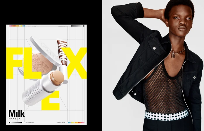 Cosmetic product advertisement featuring a model in a black jacket and makeup products on a graphic background with the brand Milk Makeup.