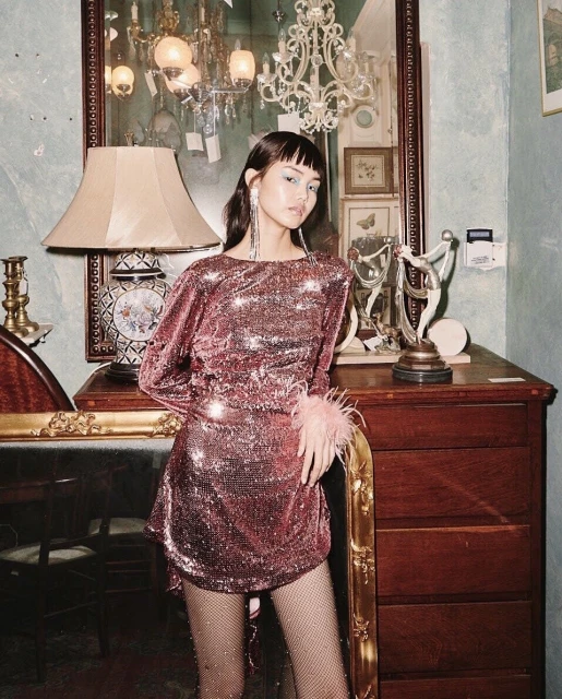 Young adult female posing indoors wearing a pink sequin dress, fishnet stockings and long silver earrings next to a wooden dresser.