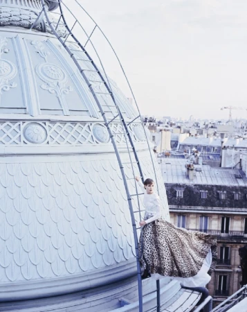Model wearing a leopard print skirt and white top climbing a metal ladder on a large architectural dome overlooking city rooftops