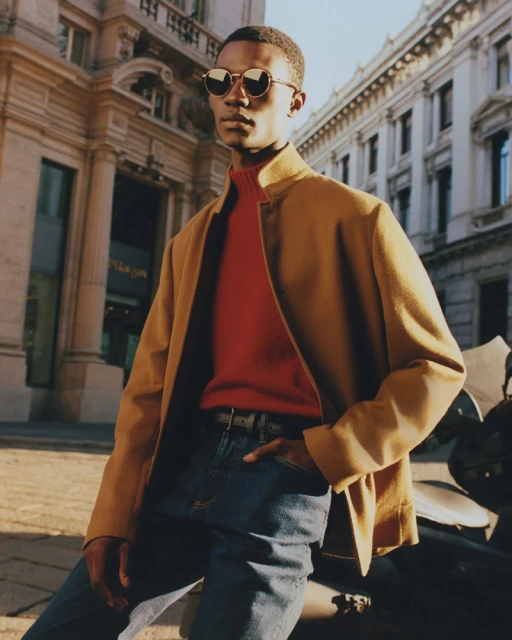A stylish dark-skinned man in a tan jacket, red sweater, and sunglasses poses confidently in an urban setting with classic architecture.