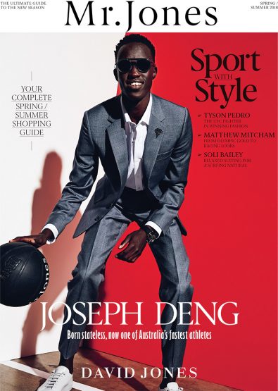Magazine cover featuring Joseph Deng in a gray suit holding a basketball against a split white and red background, promoting spring fashion.