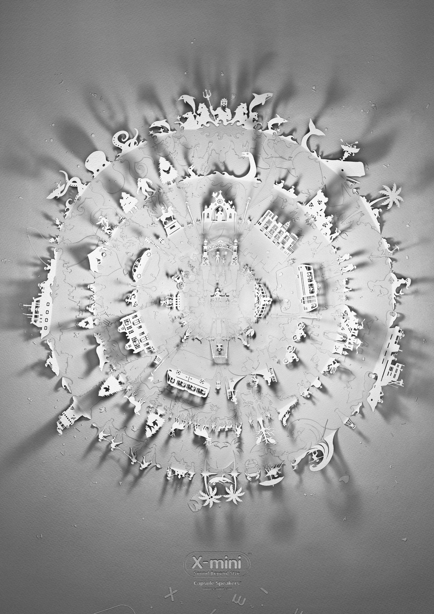 Monochrome paper art of global landmarks and wildlife cutouts arranged in circular formation with radial shadows on light surface.