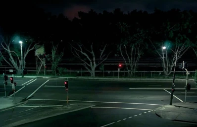 Nighttime street scene featuring an empty asphalt intersection illuminated by overhead lights and red traffic signals against dark trees.