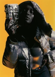 Black woman wearing a silver metallic puffer jacket holding an embellished crystal purse against a vivid yellow background