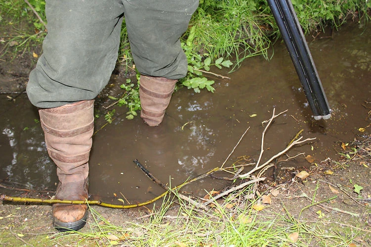 Person in brown boots standing in a shallow stream with green vegetation along the banks and a black object visible on the right.