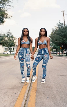 Two African-American women in matching denim outfits stand on a road in an urban setting, exuding casual style.