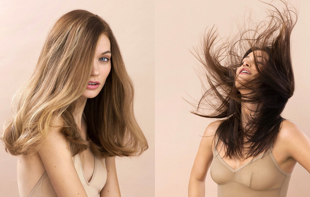 Two portraits of women with dynamic hair, one with blonde ombre waves, the other with dark brunette hair in motion, against a peach background.