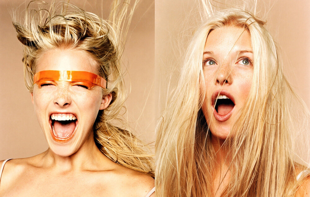 Two portraits show a blond woman with an excited expression. On the left, wearing an orange visor and screaming. On the right, looking up.