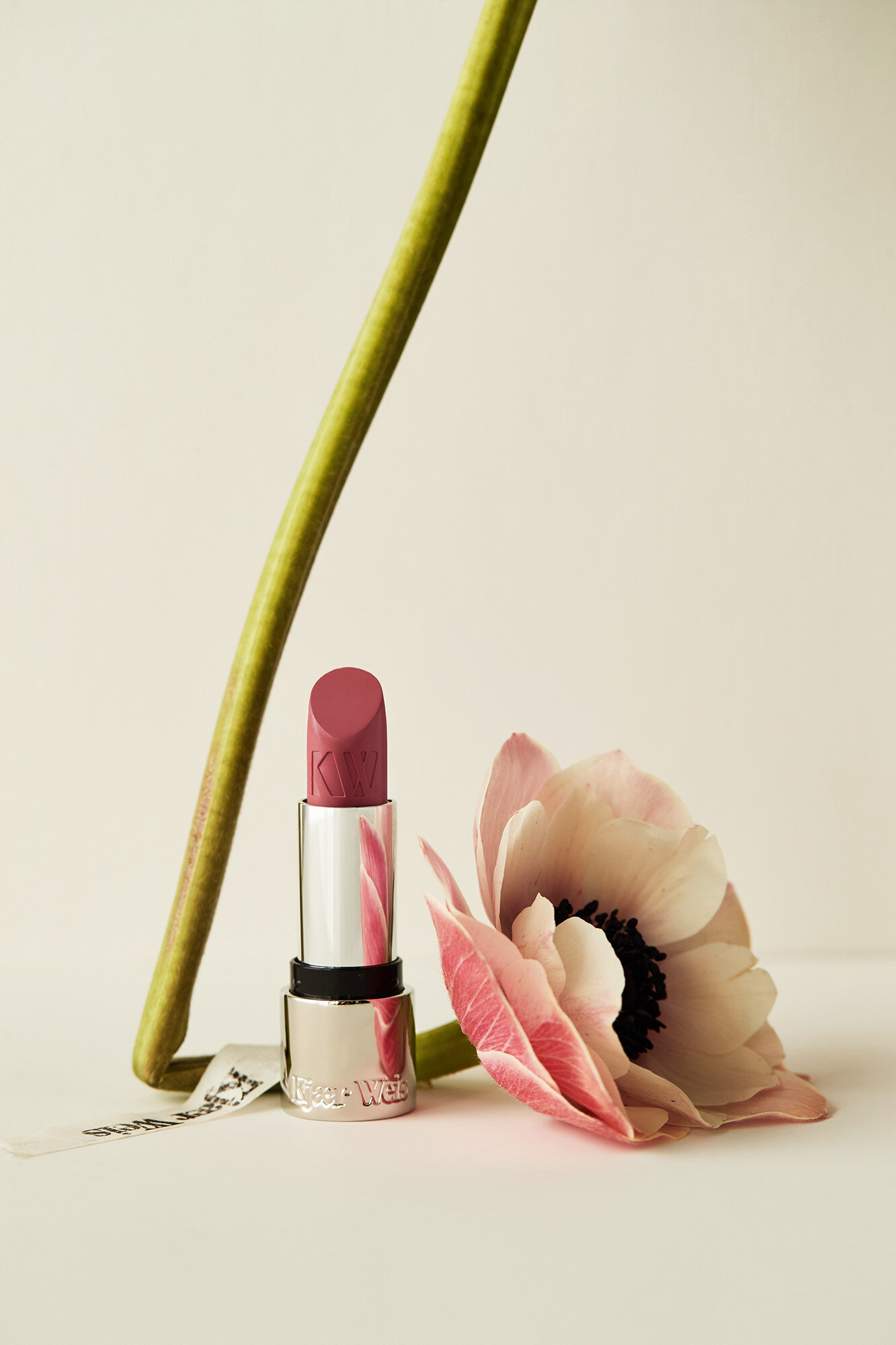 Close-up studio shot of a pink lipstick next to a pink and white anemone flower with a green stem on a light background.
