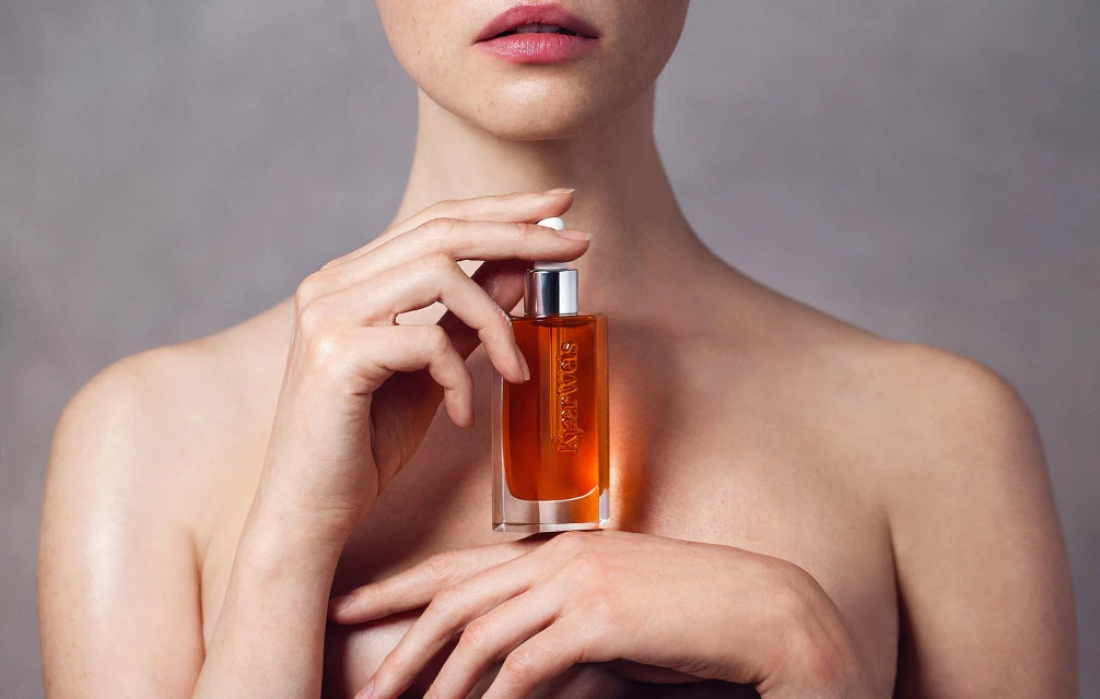 Elegant portrait of woman holding bottle of amber beauty oil; hand close-up, studio lighting, muted grey background. Beauty and skincare.