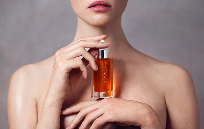 Elegant portrait of woman holding bottle of amber beauty oil; hand close-up, studio lighting, muted grey background. Beauty and skincare.