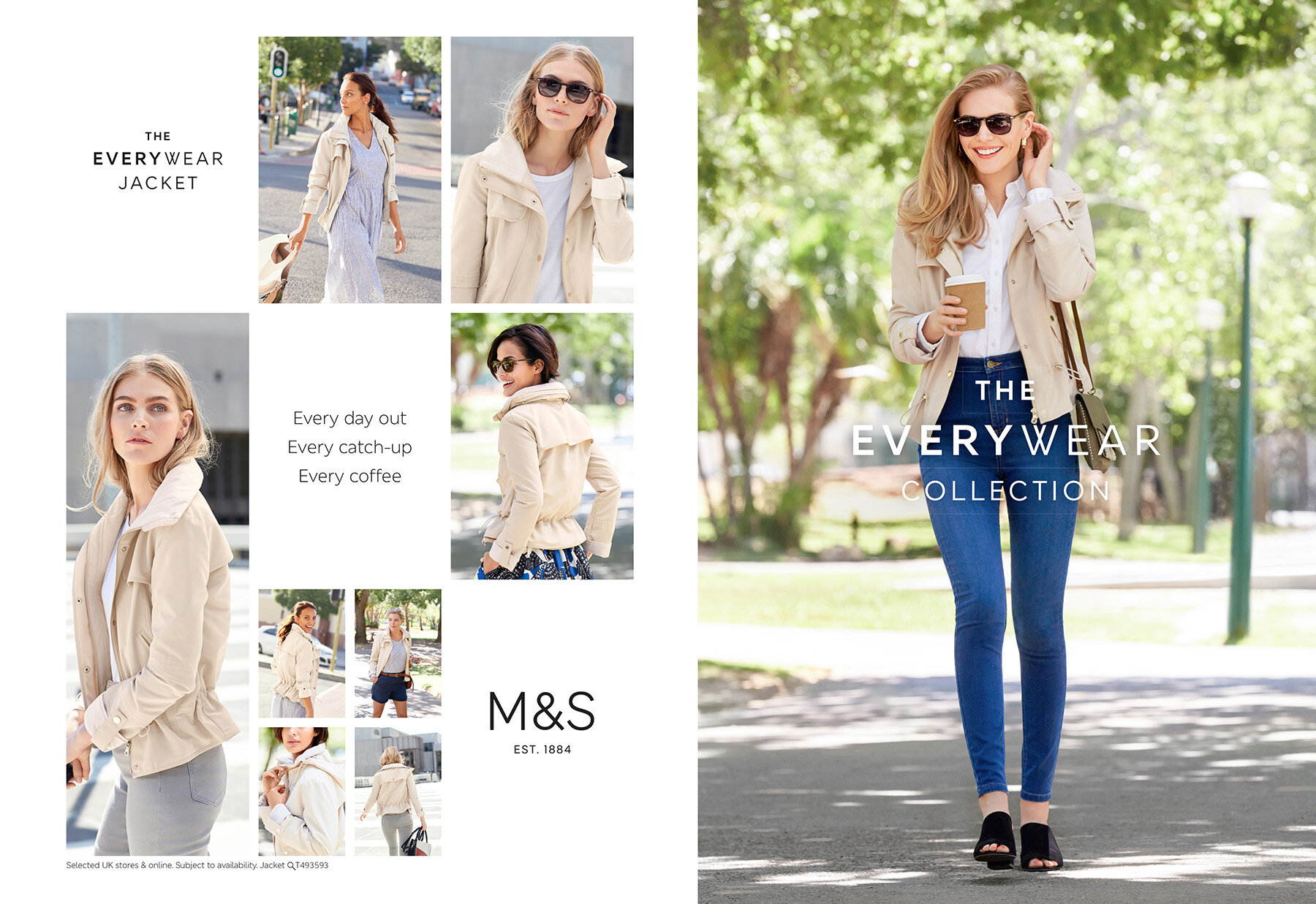 Fashion editorial showcases a blonde model in a tan jacket, blue jeans, and sunglasses, holding a coffee cup in an outdoor setting.