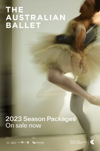 Female ballet dancer in motion, wearing tutu and tights, performing dance. Image is part of a promotion for The Australian Ballet.