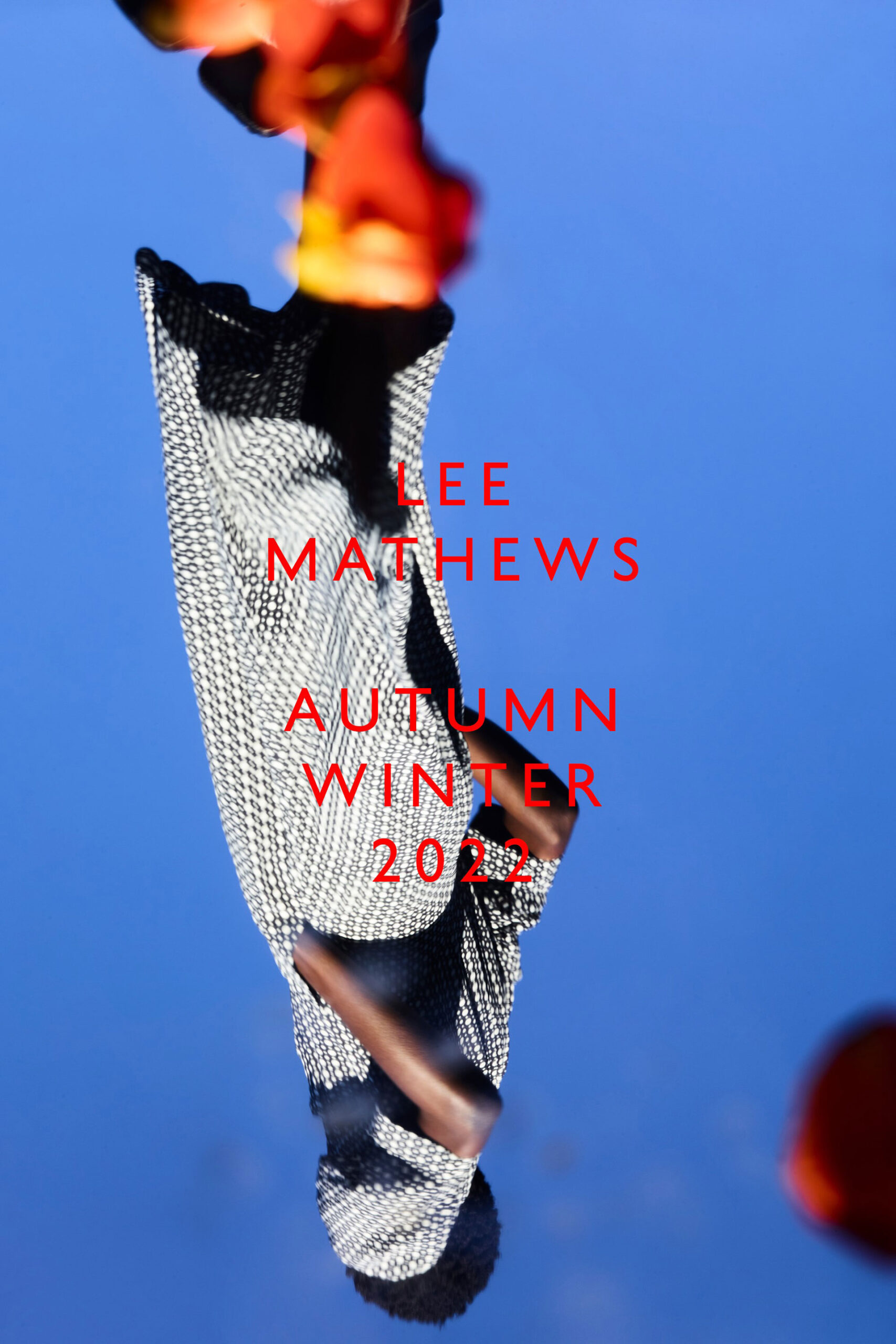 Fashion image featuring a patterned garment against a blue sky, accented with red text and floral elements in soft focus.