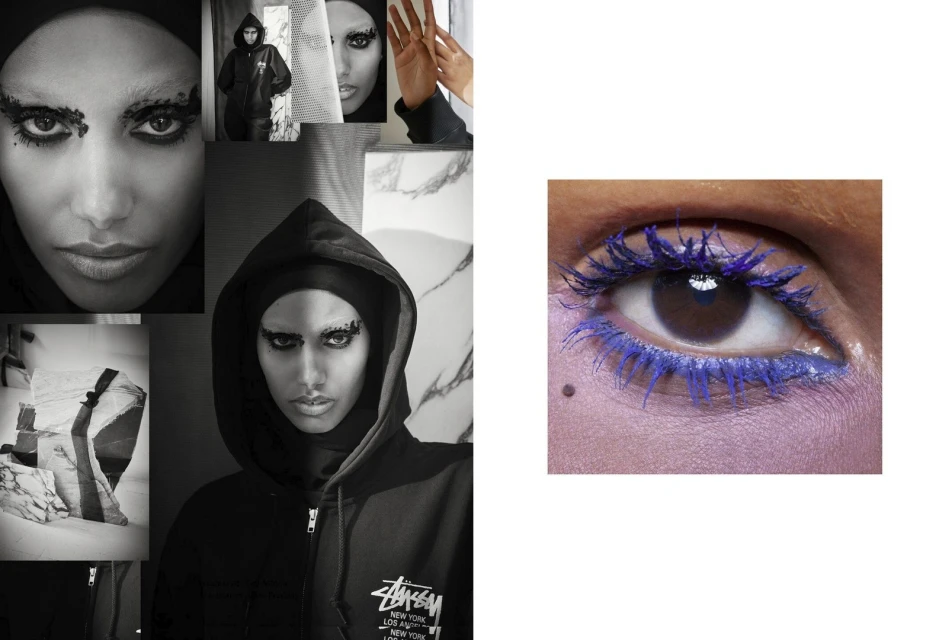 Collage of a woman wearing a black hoodie and dramatic black and blue makeup. One image is a close-up of a blue mascara eye.