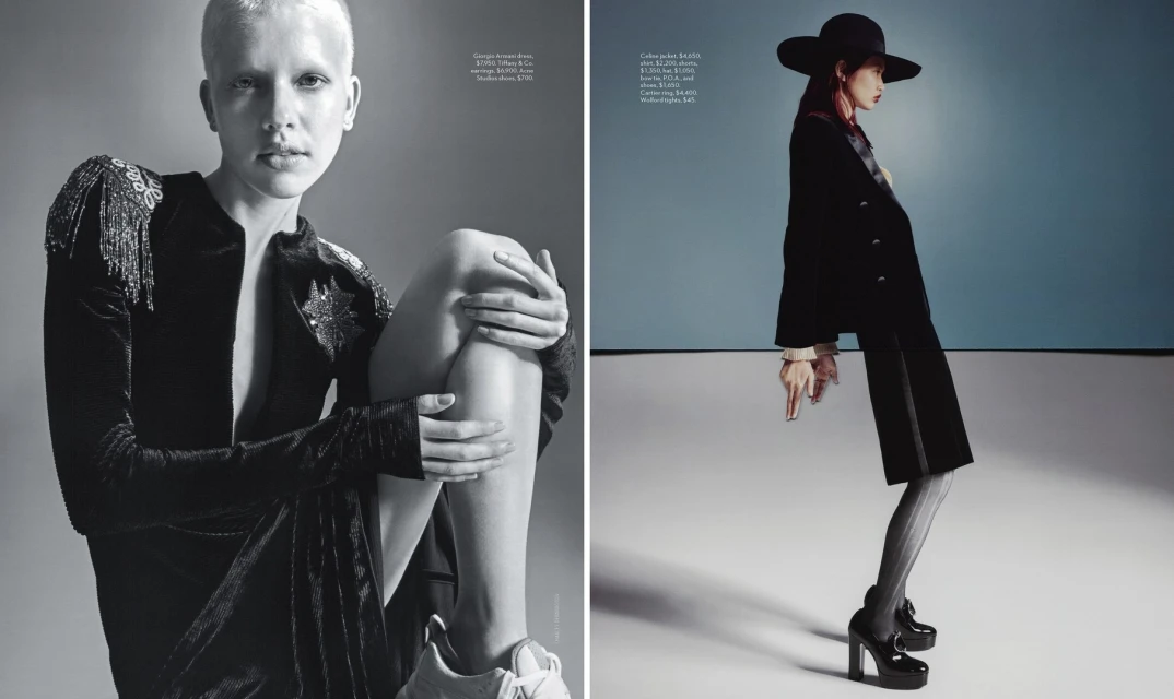 Editorial fashion spread featuring two women in studio. One poses in a black jacket and the other in a black dress and white sneakers.