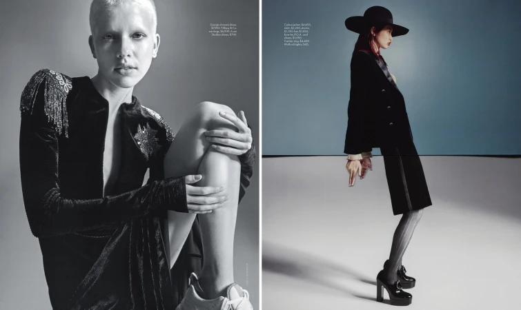 Editorial fashion spread featuring two women in studio. One poses in a black jacket and the other in a black dress and white sneakers.