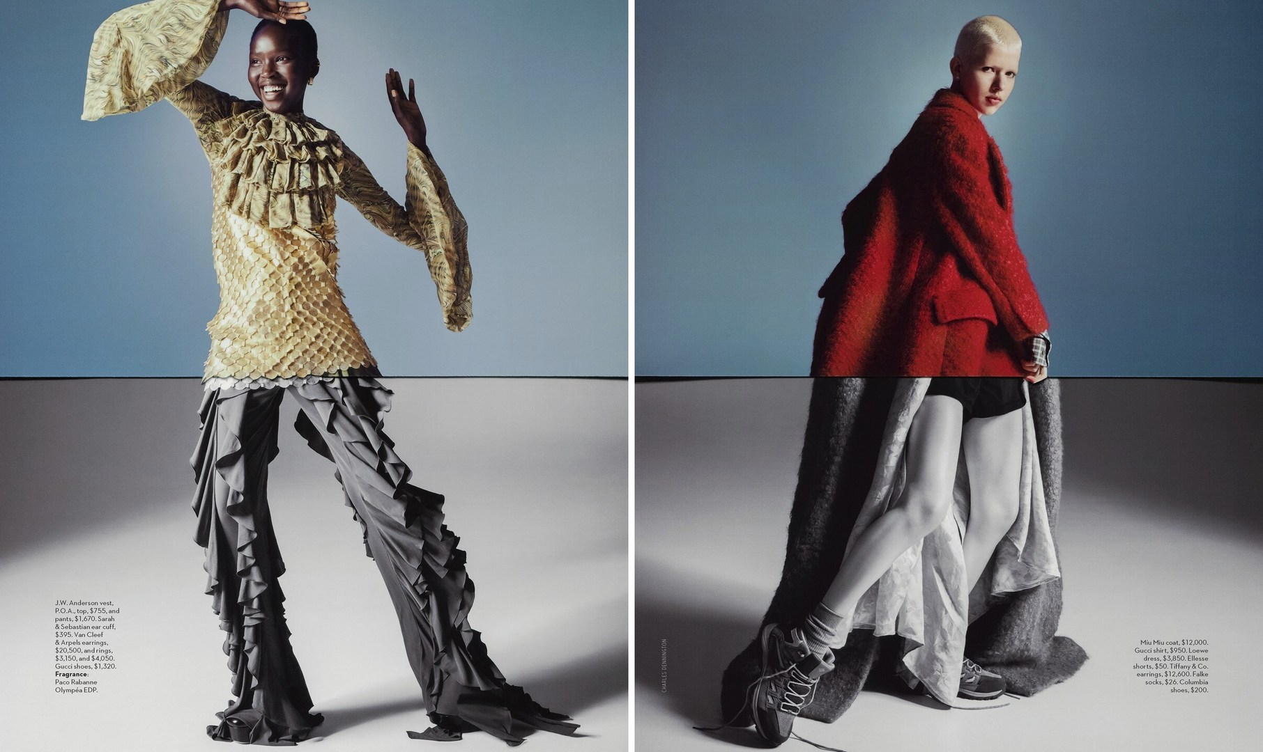 Two fashion models in a split-screen image. On the left, an African woman in a gold patterned top and ruffled grey pants and on the right, a Caucasian woman in a red jacket with black shorts.