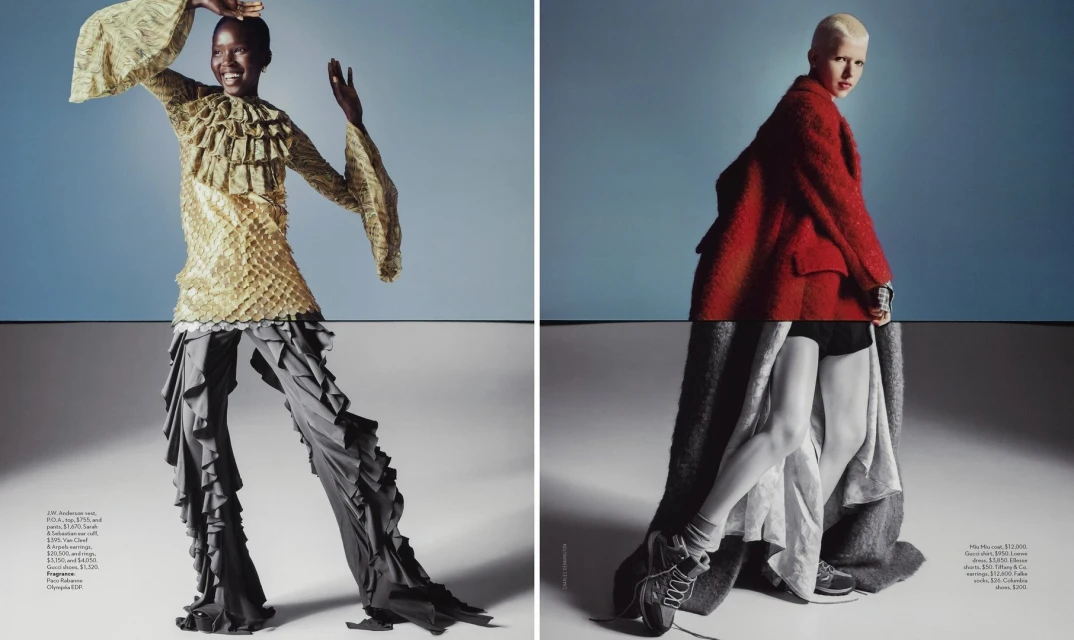 Two fashion models in a split-screen image. On the left, an African woman in a gold patterned top and ruffled grey pants and on the right, a Caucasian woman in a red jacket with black shorts.