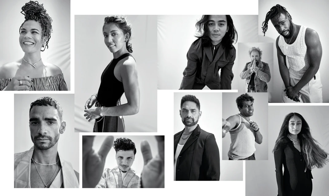 Black and white portrait collage featuring nine diverse people posing in a photo studio with neutral lighting and subtle post-production effects.